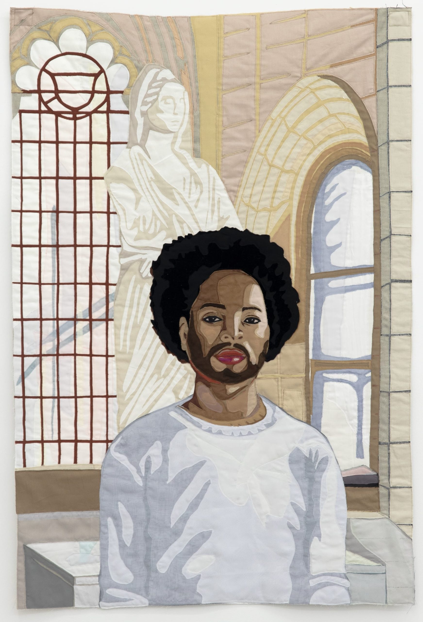 a quilt by Hangama Amiri depicting a Black man in front of a classic statue