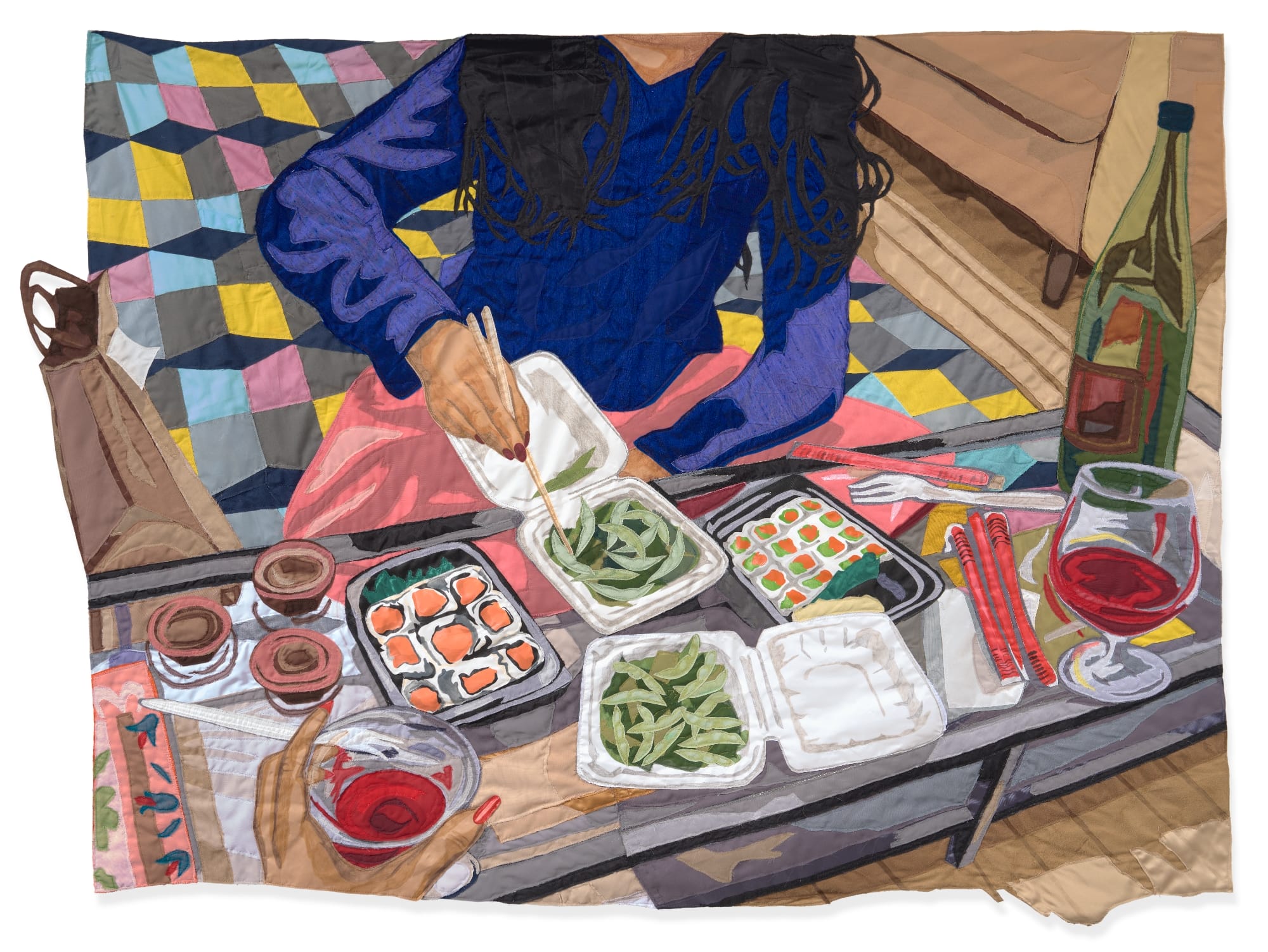 a quilt by Hangama Amiri depicting a woman eating takeout with chopsticks