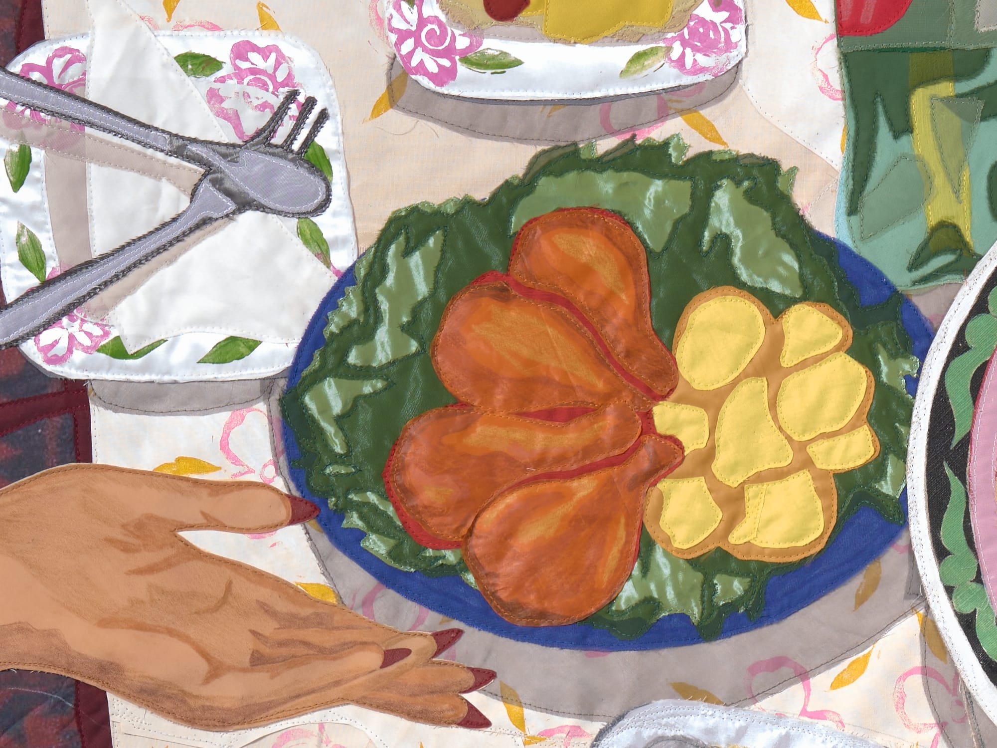 a detail image of a quilt by Hangama Amiri depicting a lush table setting