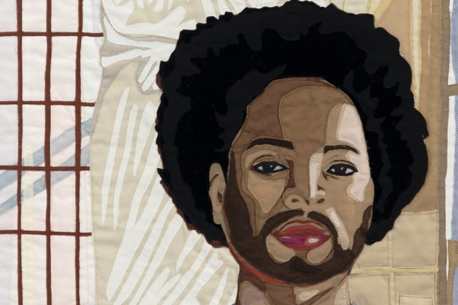 a detail image of a quilt by Hangama Amiri depicting a Black man in front of a classic statue