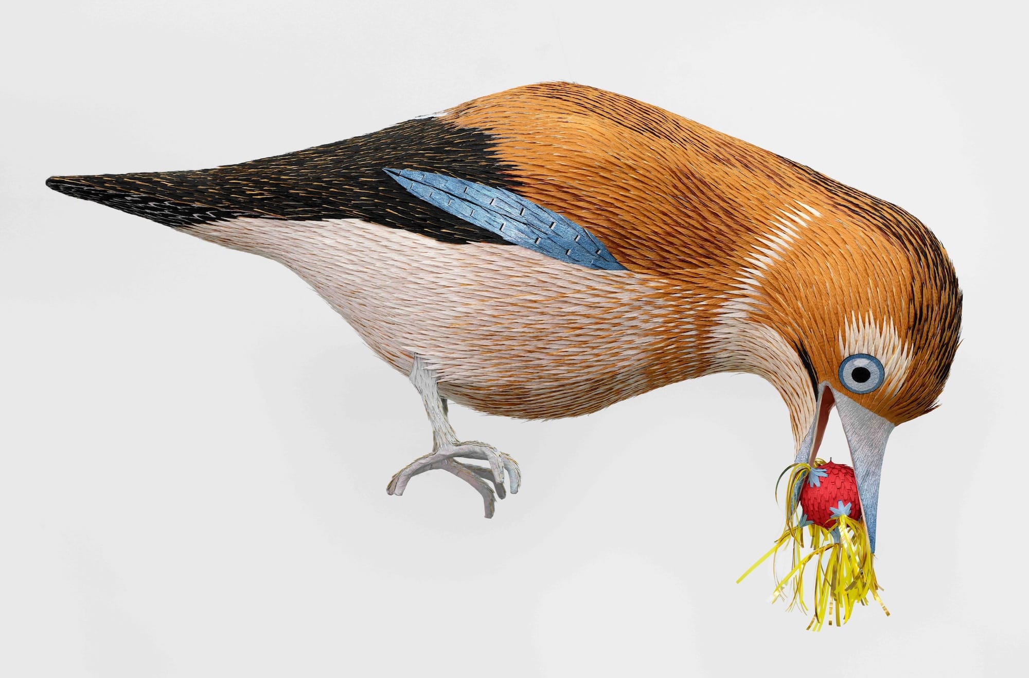 a papier-mâché sculpture by Roberto Benavidez of an imaginary bird creature based on a detail of a Hieronymus Bosch painting