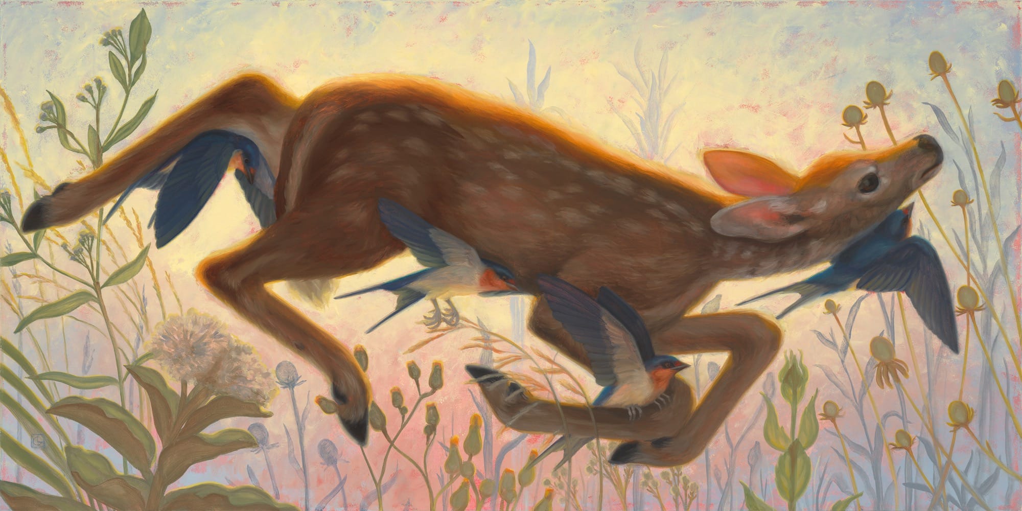 a painting by Laura Catherwood of a baby deer being flown over some flowers by a number of swallows
