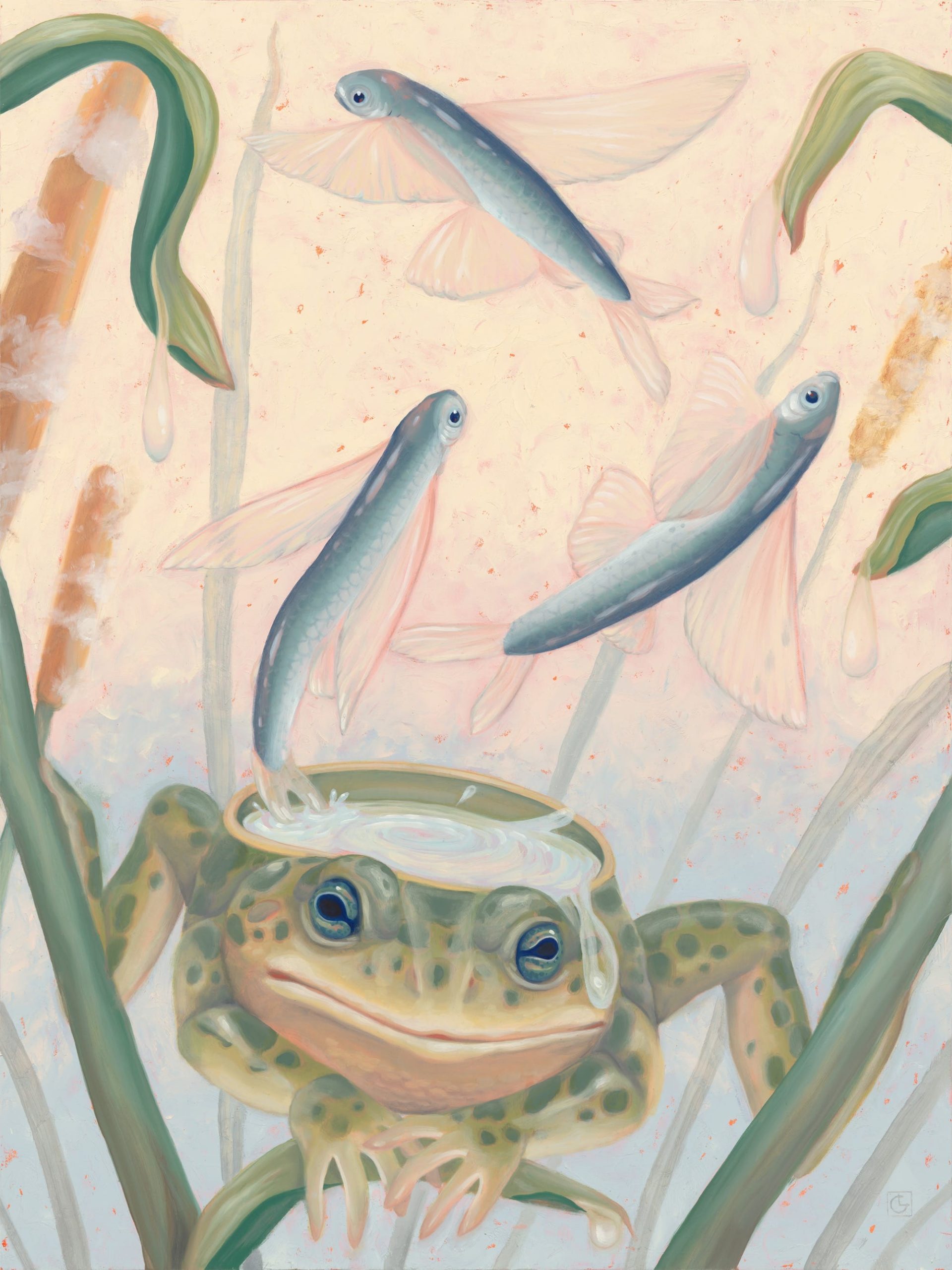 a painting by Laura Catherwood of a toad with an open bowl for a back hosts a number of flying fish that jump in and out of the water