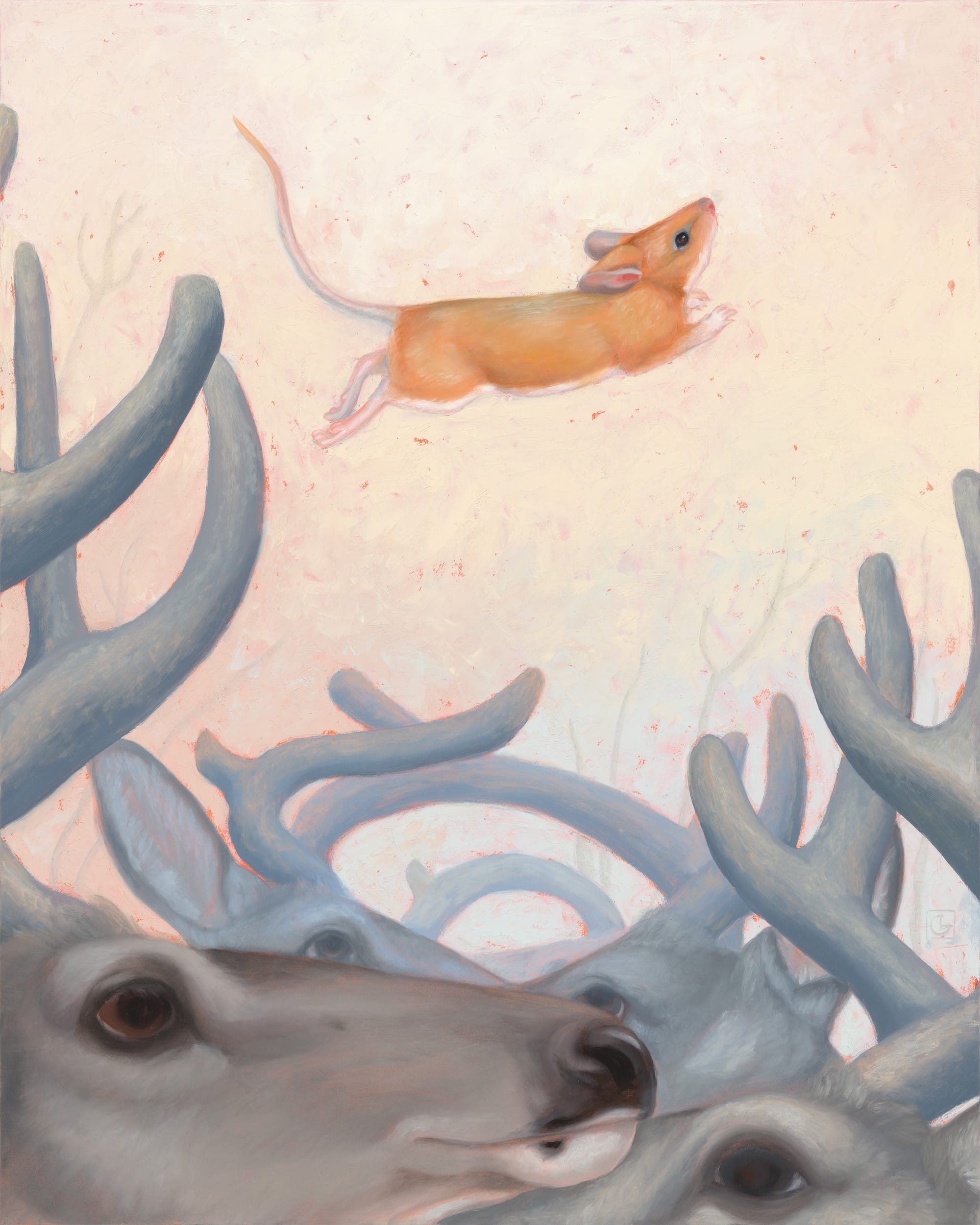 a painting by Laura Catherwood of a small mouse leaping over a number of deer