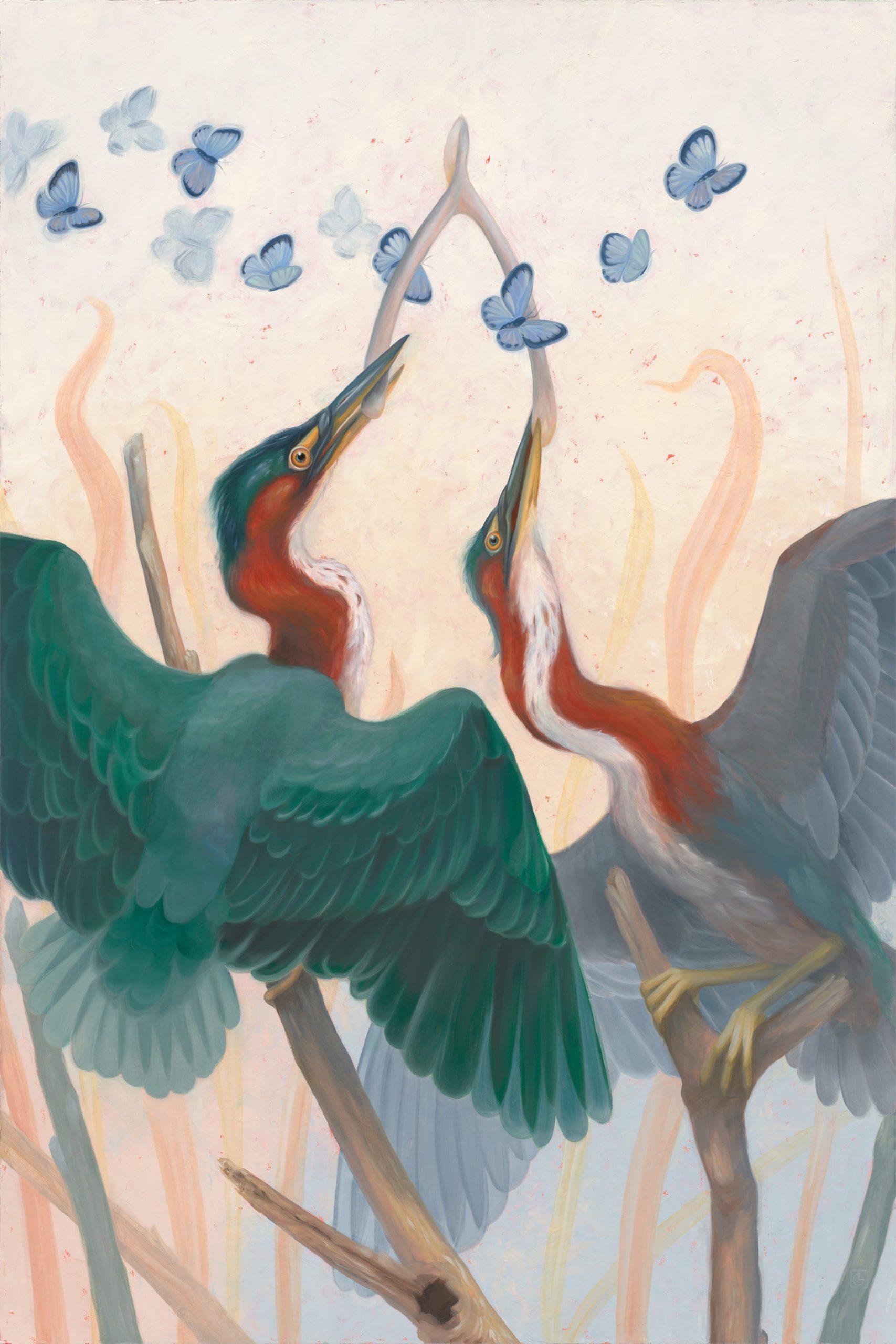 a painting by Laura Catherwood of two green herons quarreling over a wishbone as small blue butterflies fly over their heads