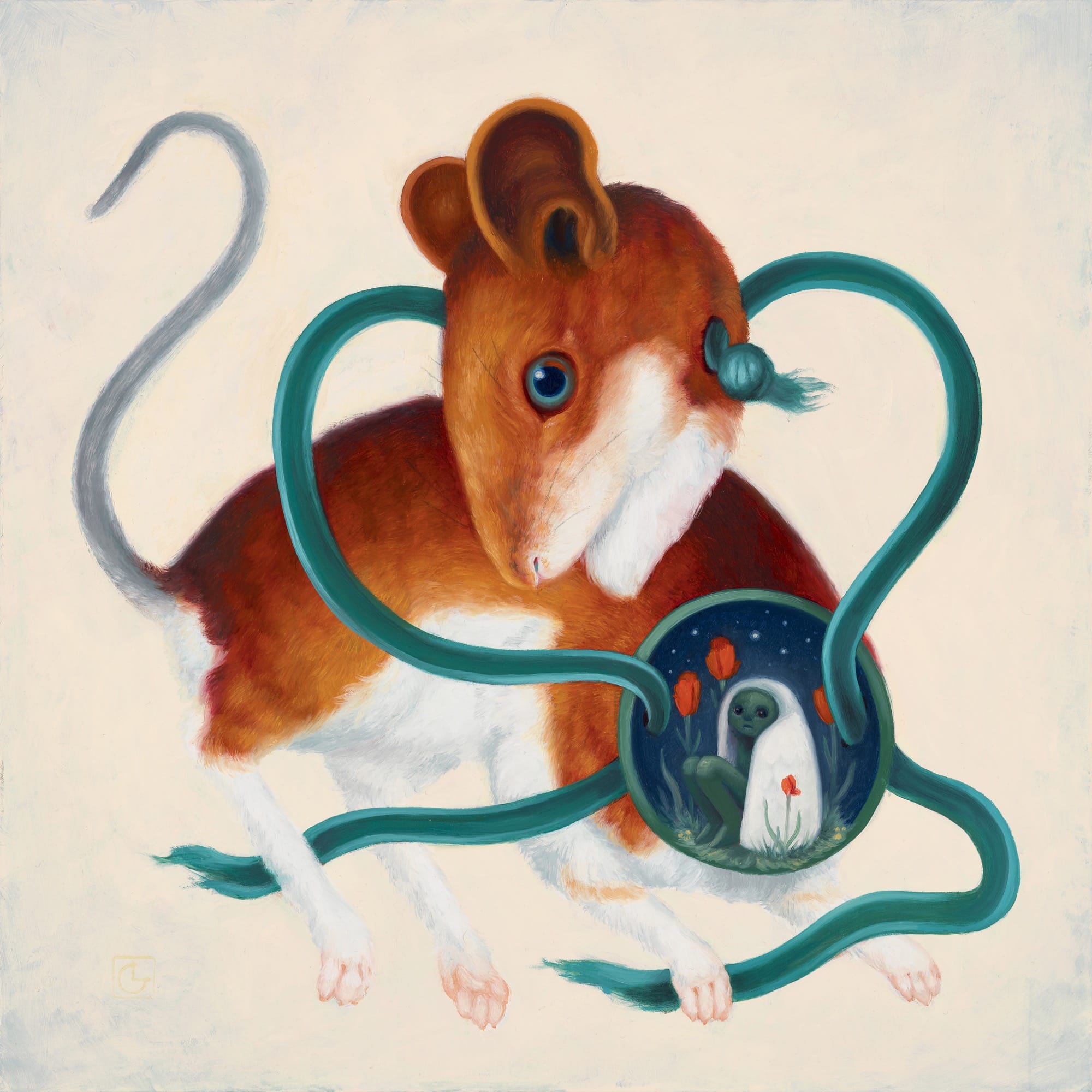 a painting by Laura Catherwood of a mouse-like creature surrounded by green ribbons, with a small portrait