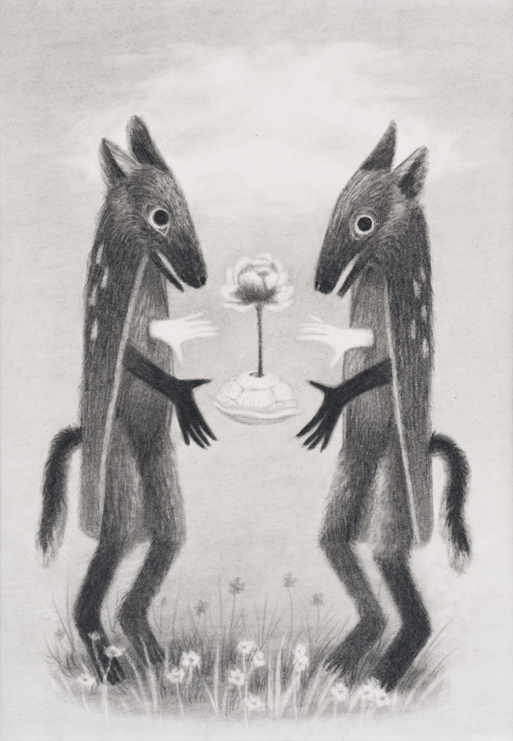 a black-and-white drawing by Laura Catherwood of two fox-like creatures standing upright, with black and white hands, facing one another