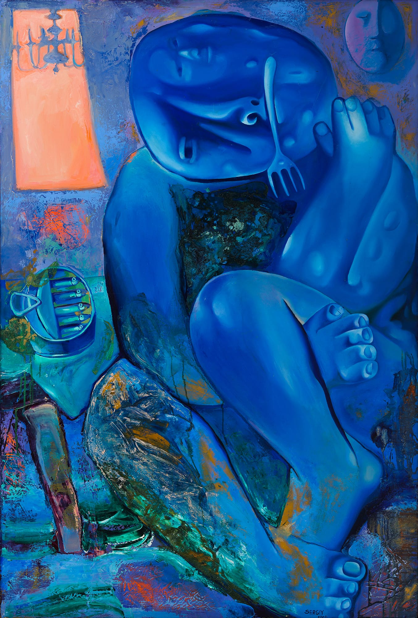a blue, dreamlike painting by Sergiu Ciochina of a seated figure holding a fork