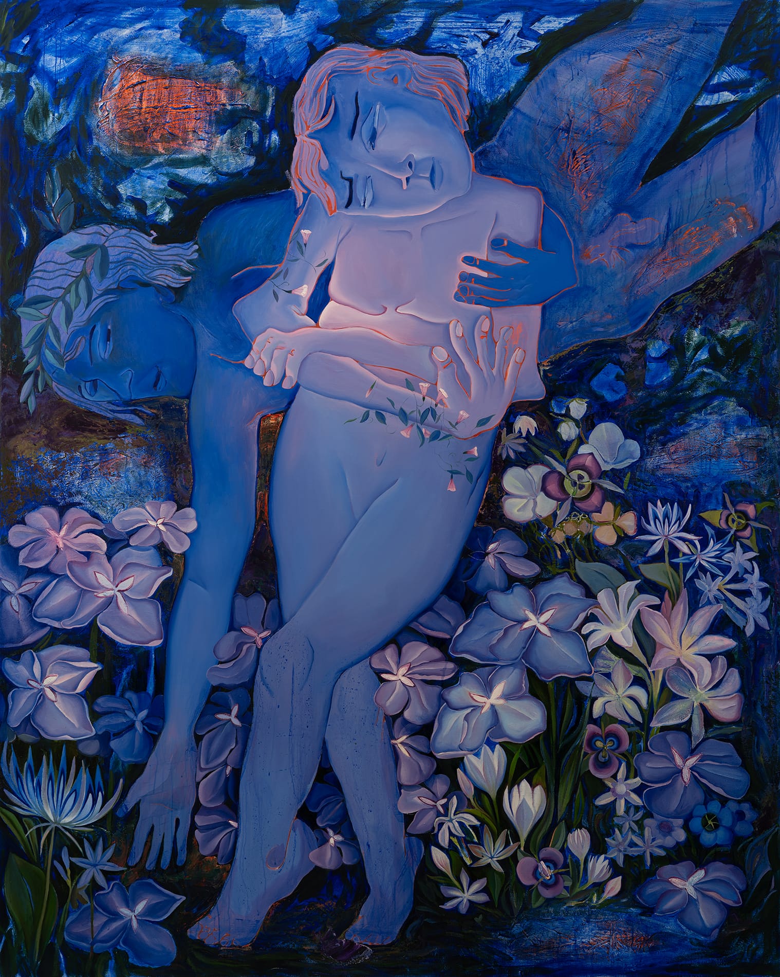 a blue, dreamlike painting by Sergiu Ciochina of two figures, one in front of the other, amid bunches of flowers