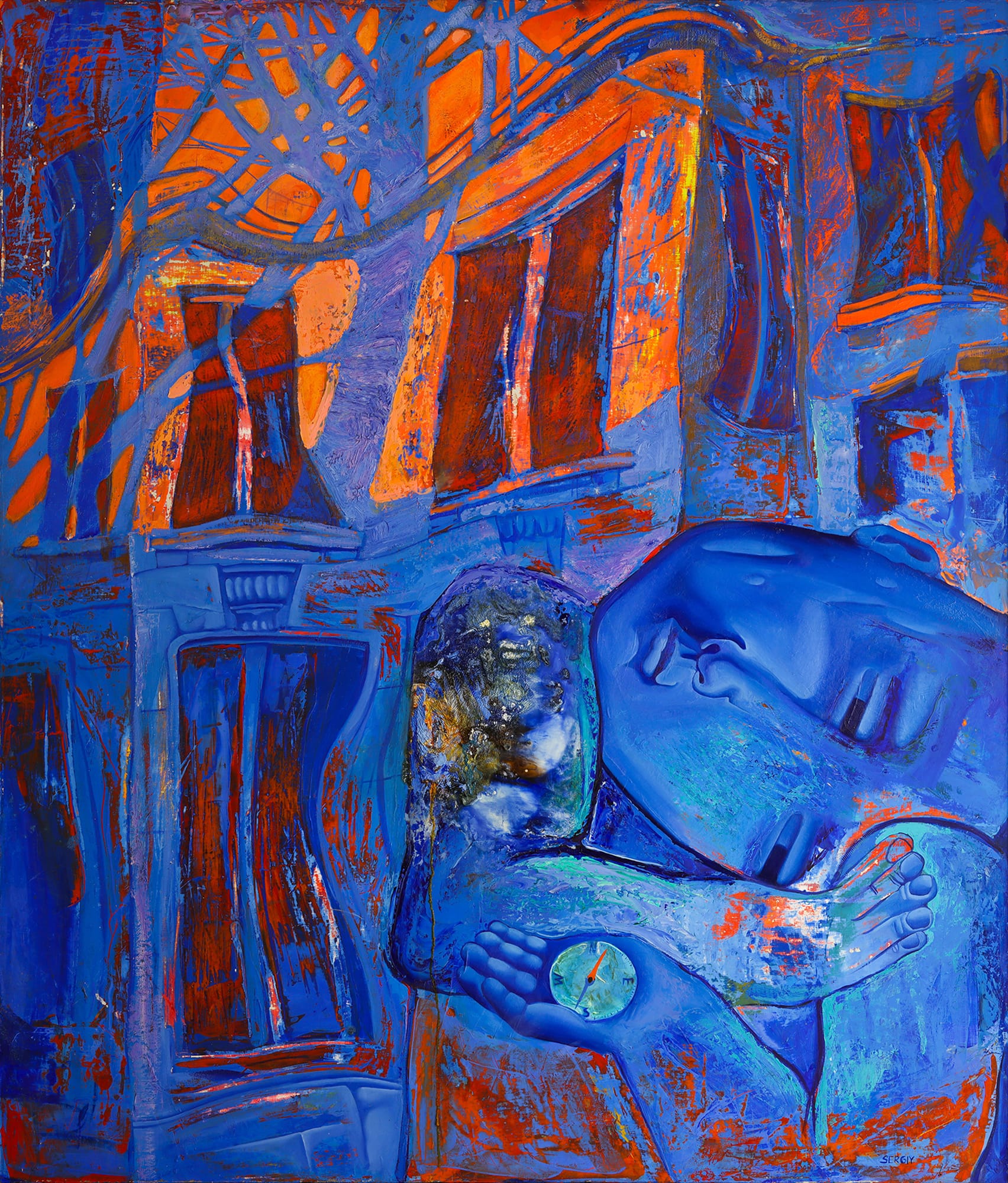 a blue, dreamlike painting by Sergiu Ciochina of a figure that may be sleeping, set against a building with the glow of sunlight on the facade