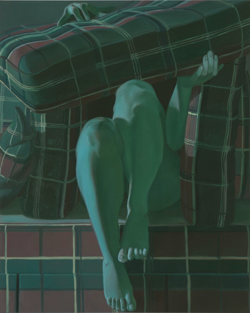 an oil painting by Maud Madsen of a nighttime scene where a figure is concealed in the cushions of a tartan couch with only her legs visible