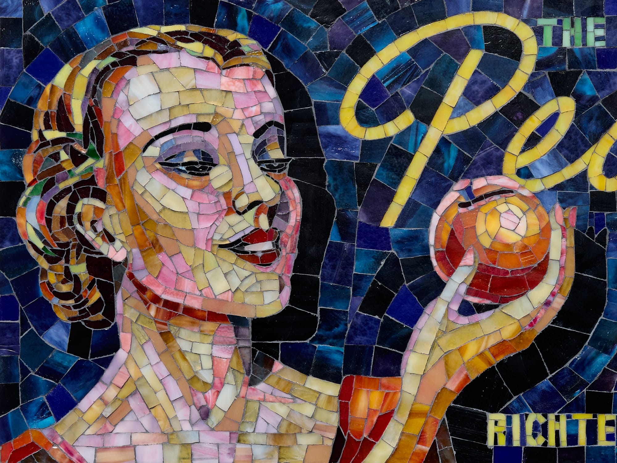 a detail image of a mosaic advertisement for carolina peaches featuring a woman holding a peach