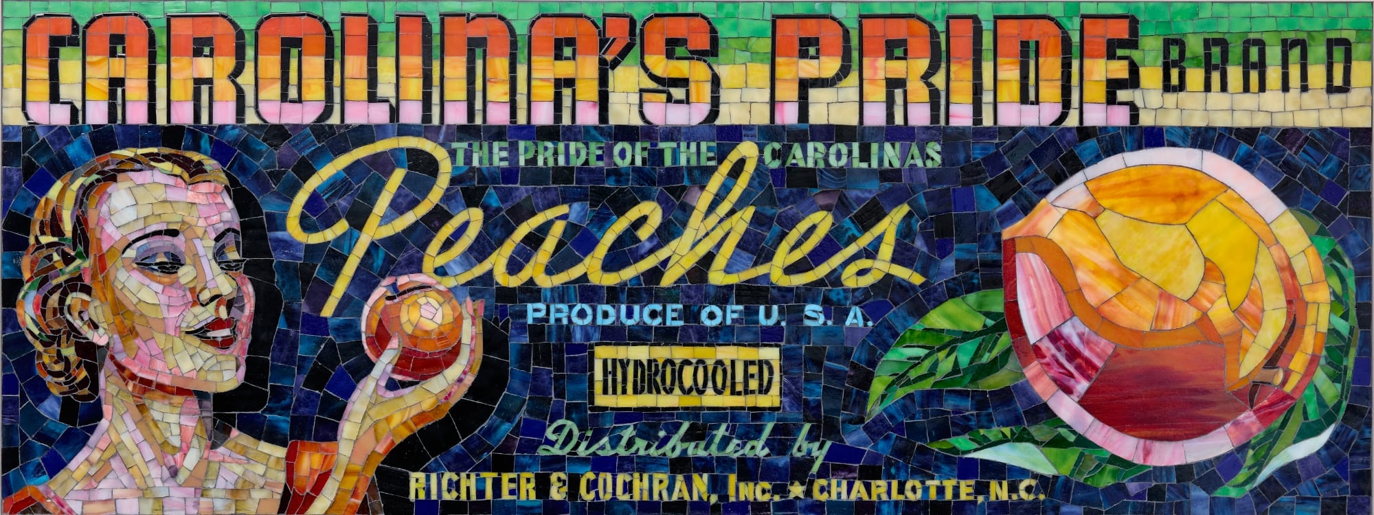 a mosaic advertisement for carolina peaches featuring a woman holding a peach