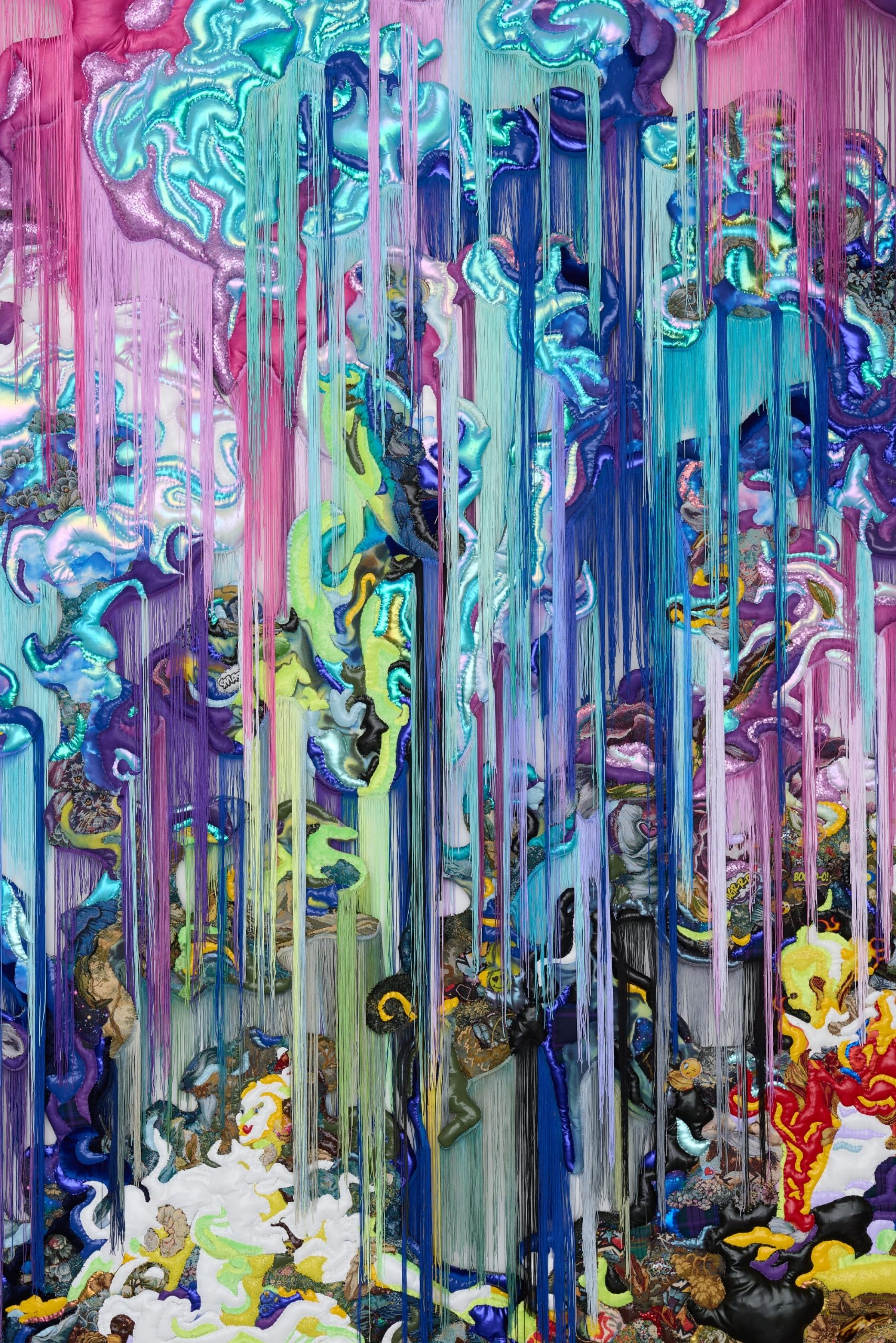 a monumental, abstract wall installation by Anne von Freyburg that appears to be cascading in purple, teal, and pink hues