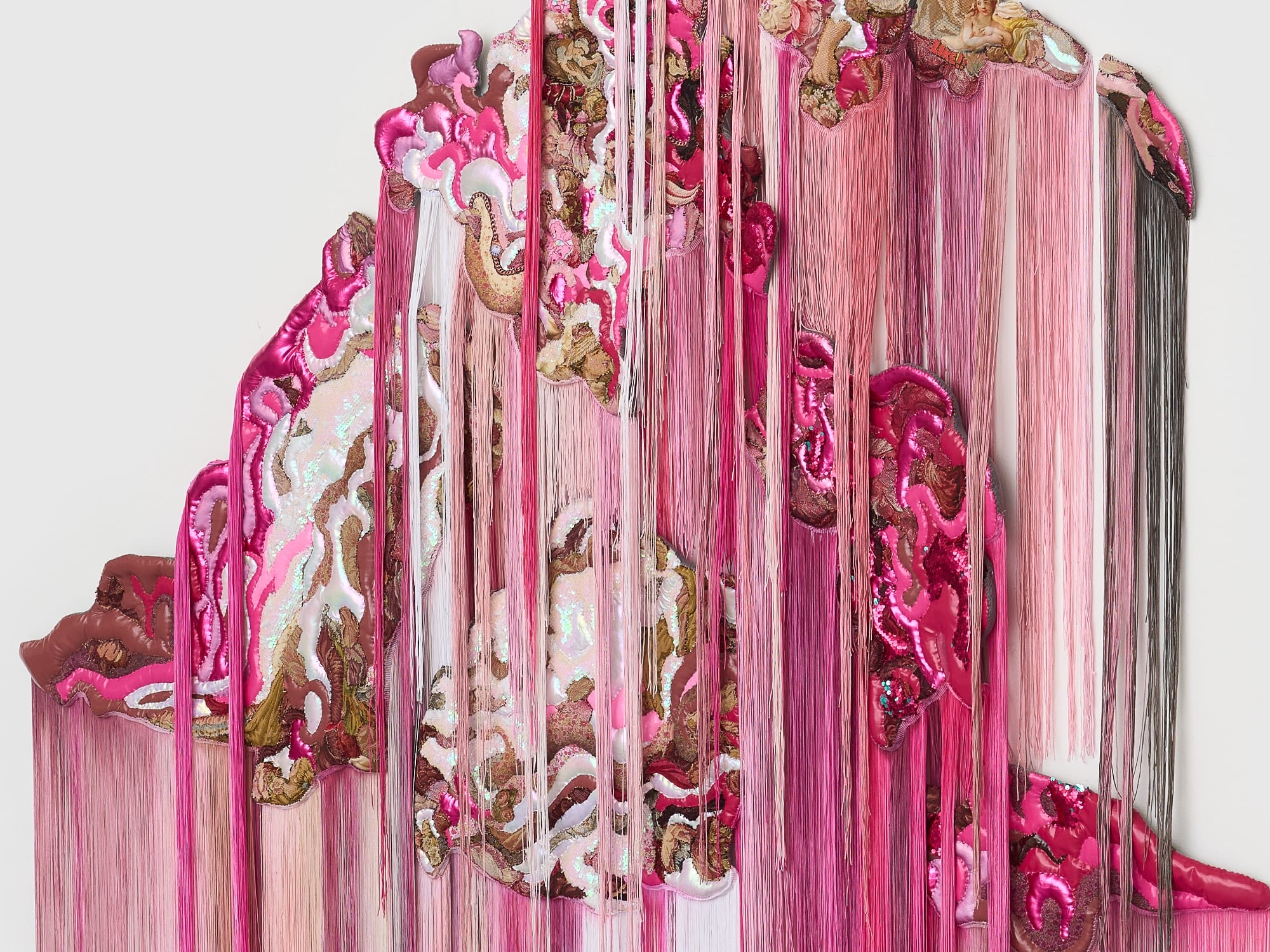 a monumental, abstract wall installation by Anne von Freyburg that appears to be cascading in pink and brown hues. a face appears at the top