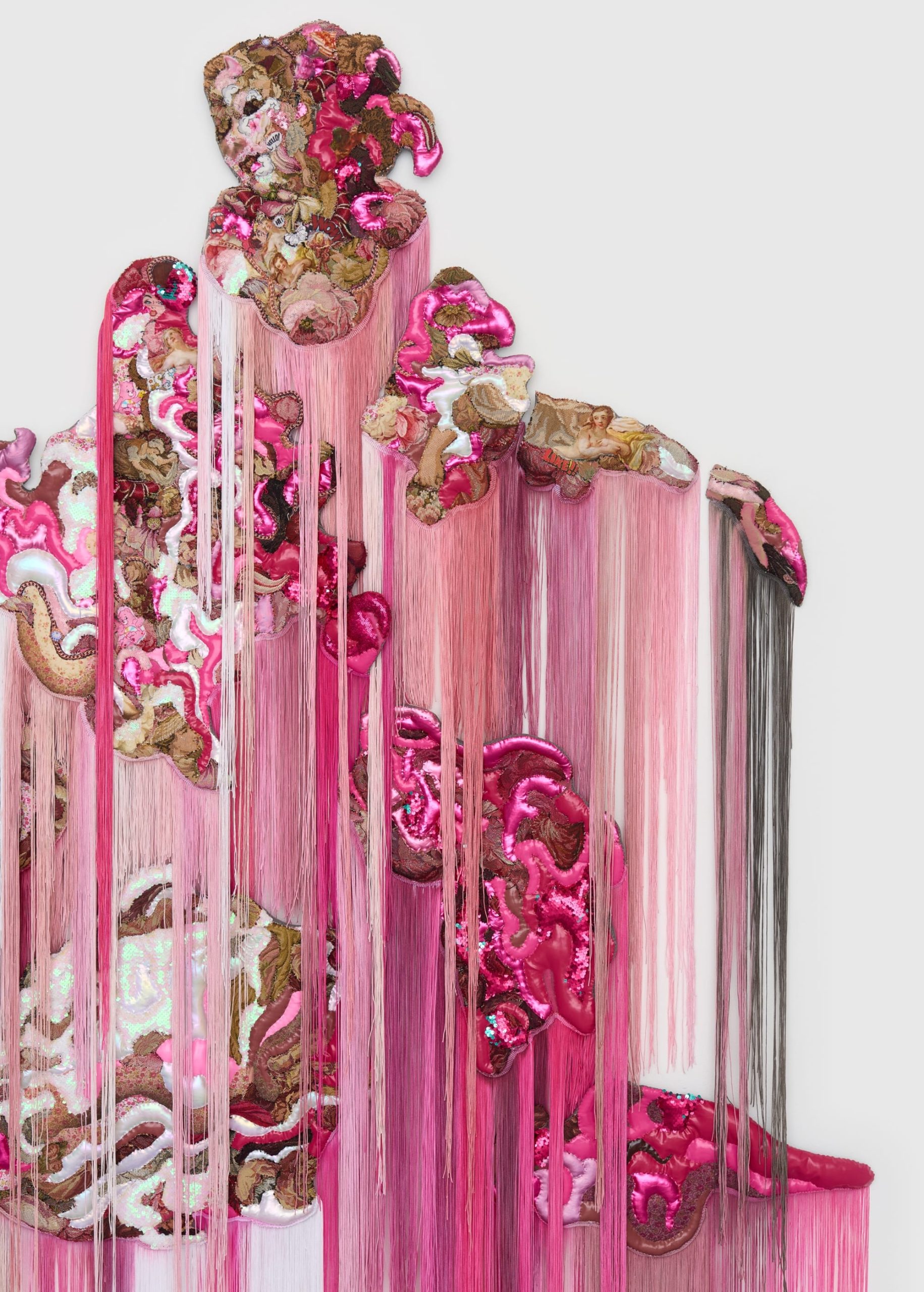 a monumental, abstract wall installation by Anne von Freyburg that appears to be cascading in pink and brown hues. a face appears at the top