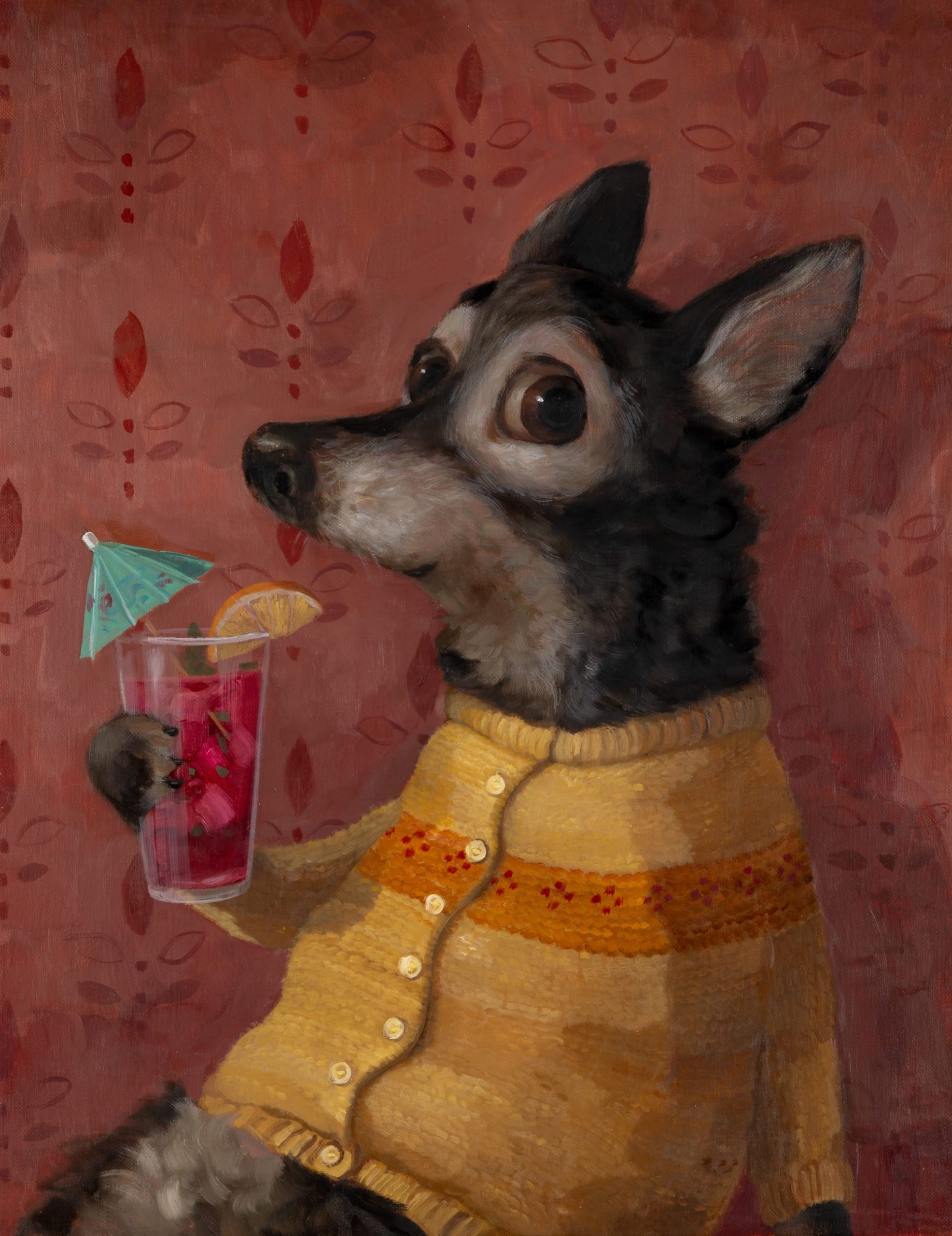 a portrait by Alison Friend of a nervous looking dog sipping a cocktail