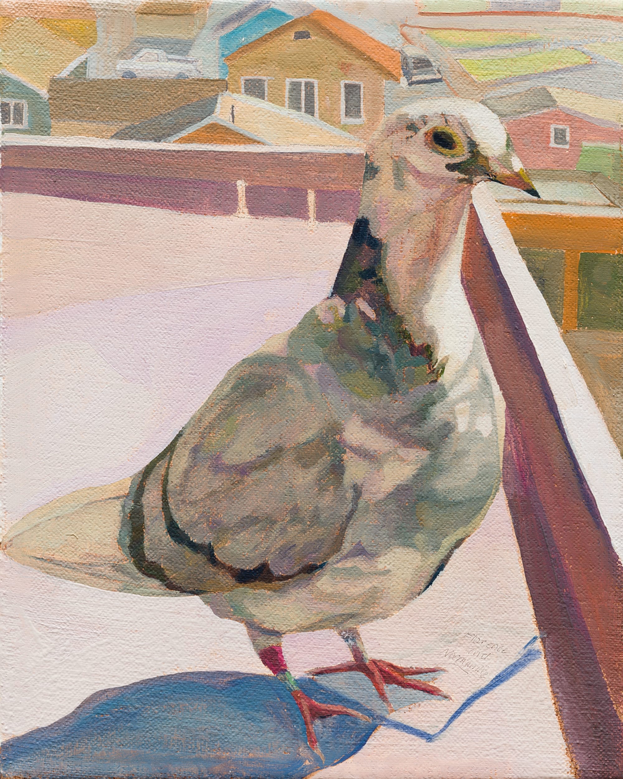 a painting by Elmer Guevara of a pigeon