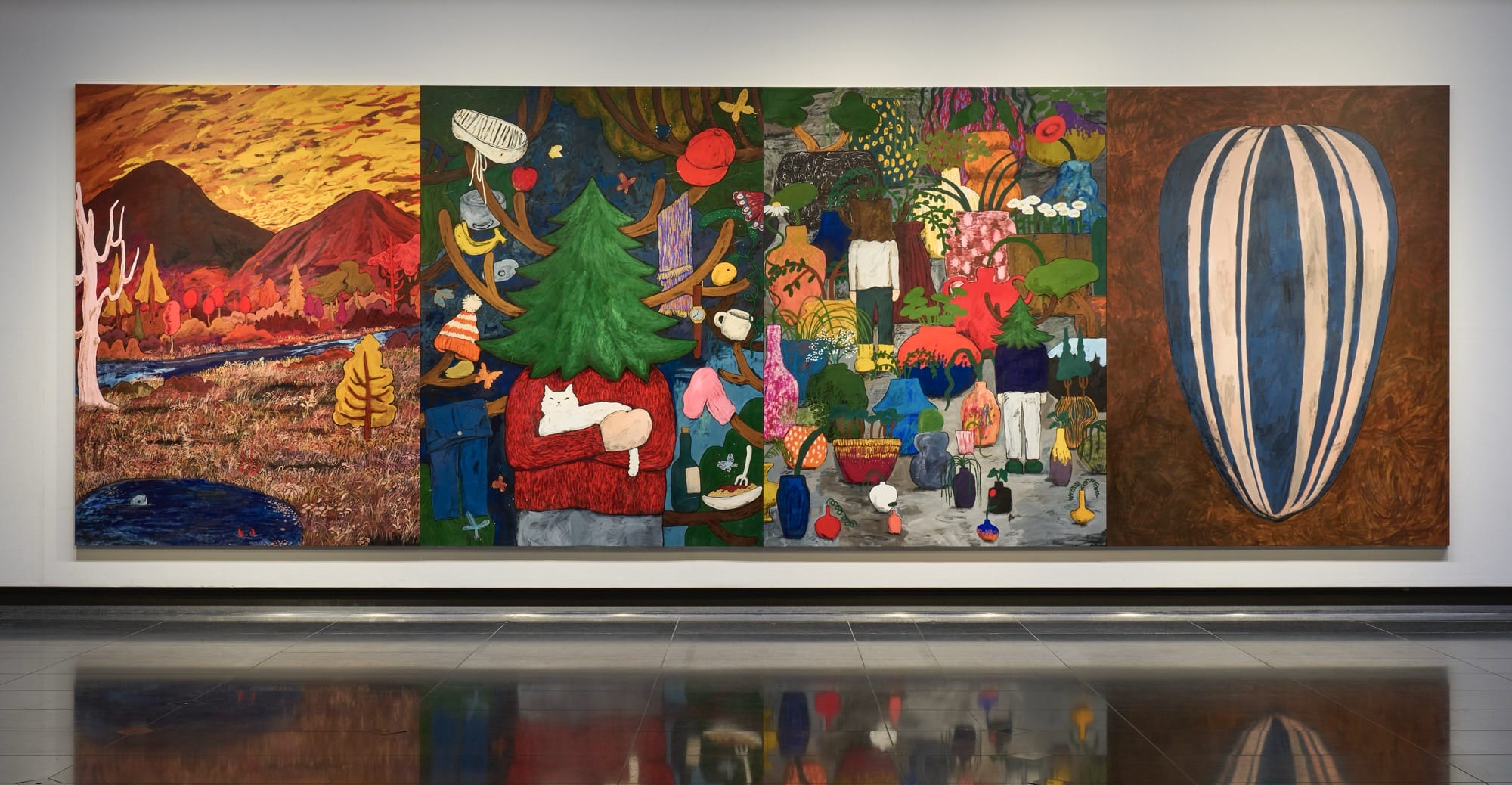 a large-scale, four-part painting by Yuichi Hirako featuring cartoonish figures, a sunflower seed, and abstracted landscapes and objects