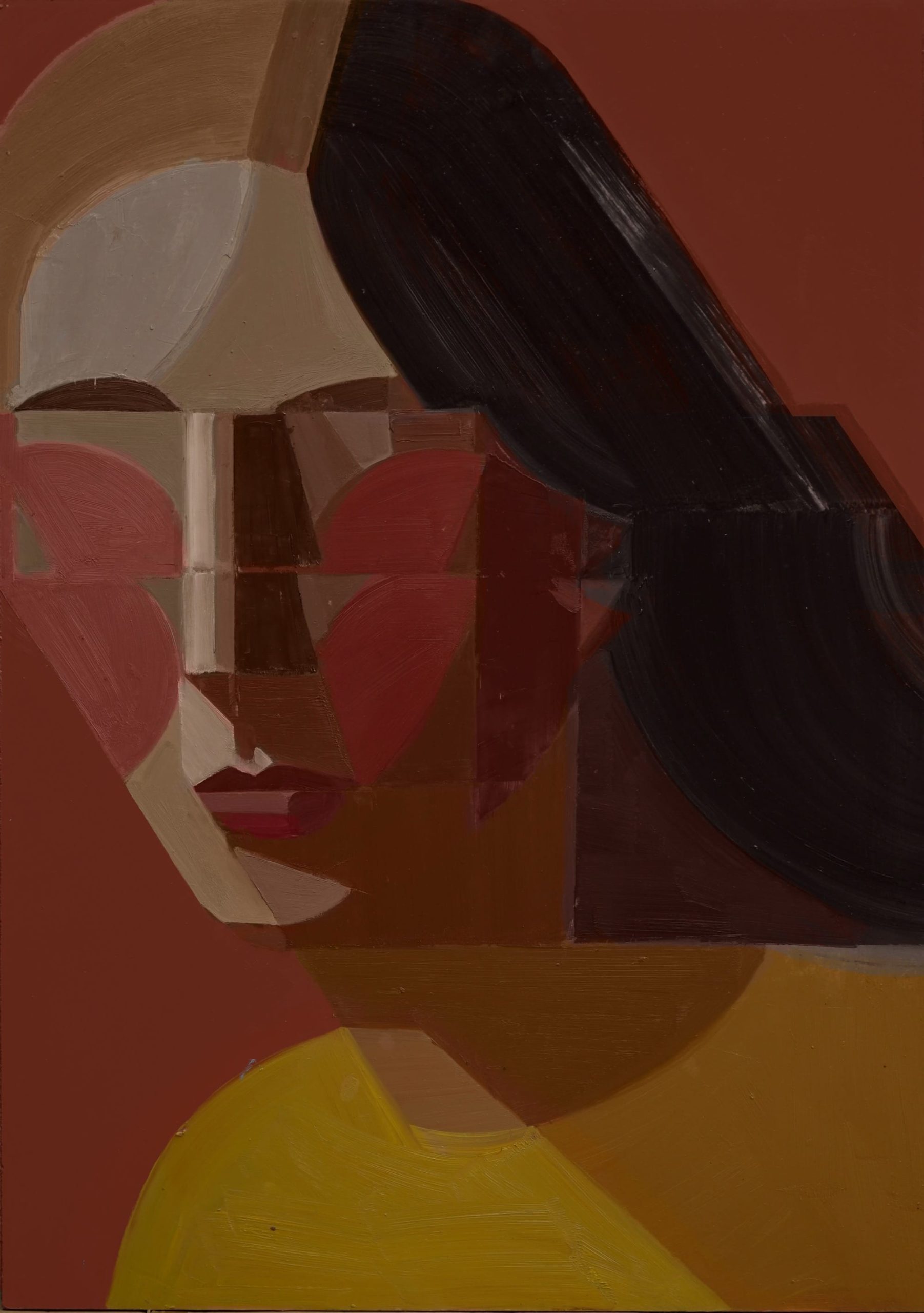 a glitched painted portrait by Kat Kristof on a red background. the woman's cheeks are doubled