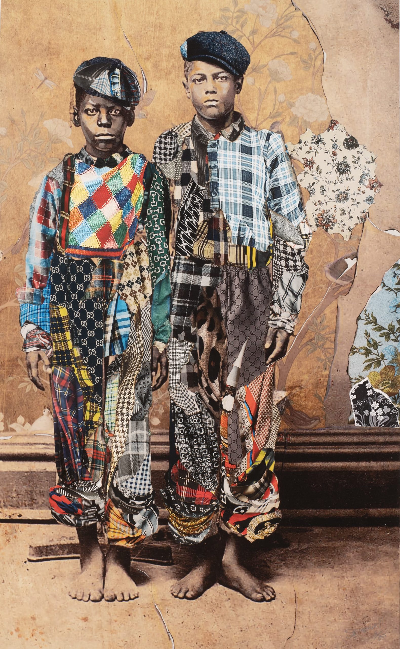a framed portrait by Stan Squirewell, from an old photograph, of two young Black men with colorful, patterned fabrics collaged onto the image