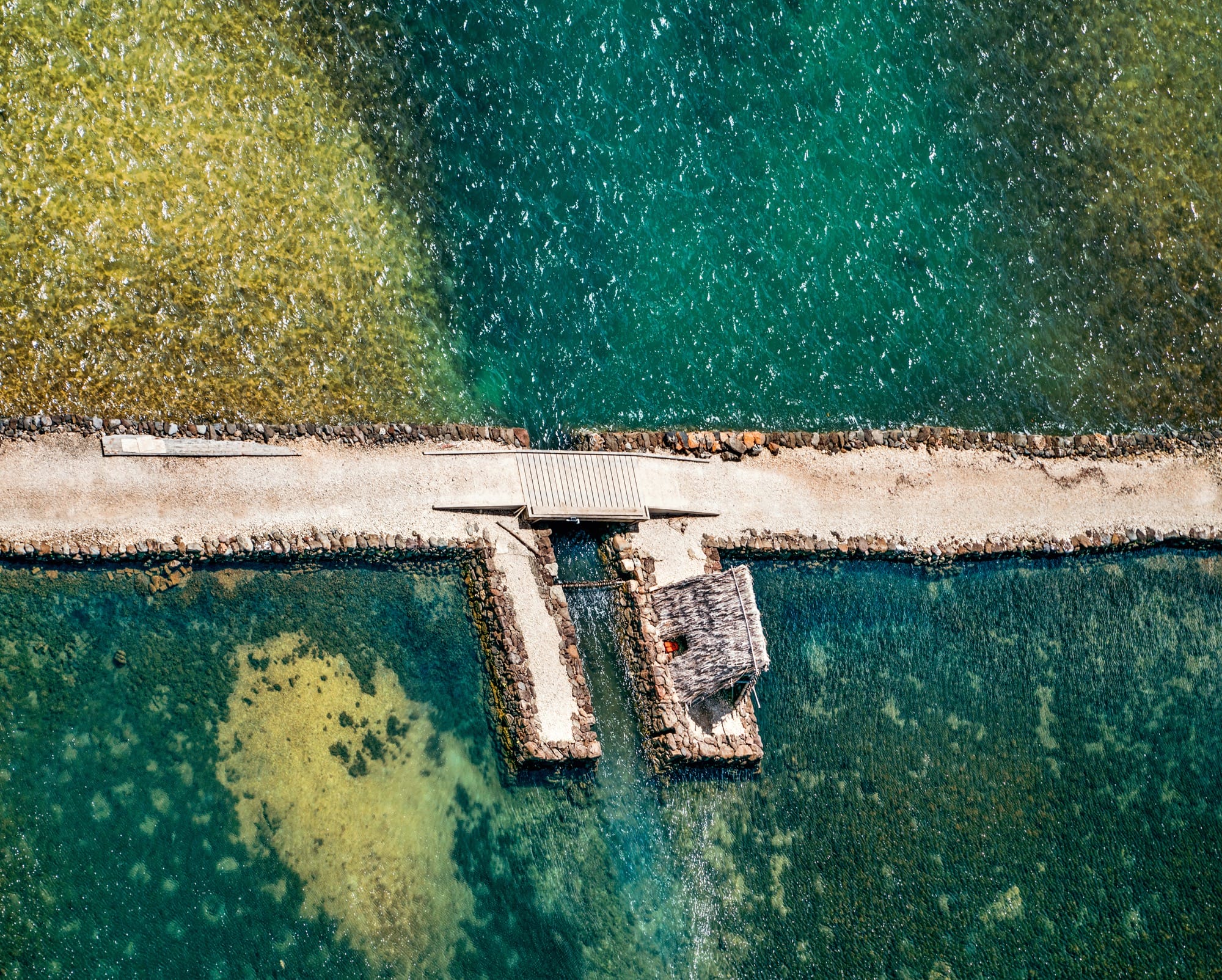 an aerial photo by Mark Lee of a pond